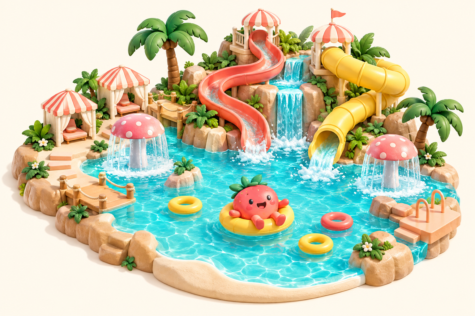 A playful miniature water park with rainbow slides, mushroom fountains and Berry the strawberry in a float