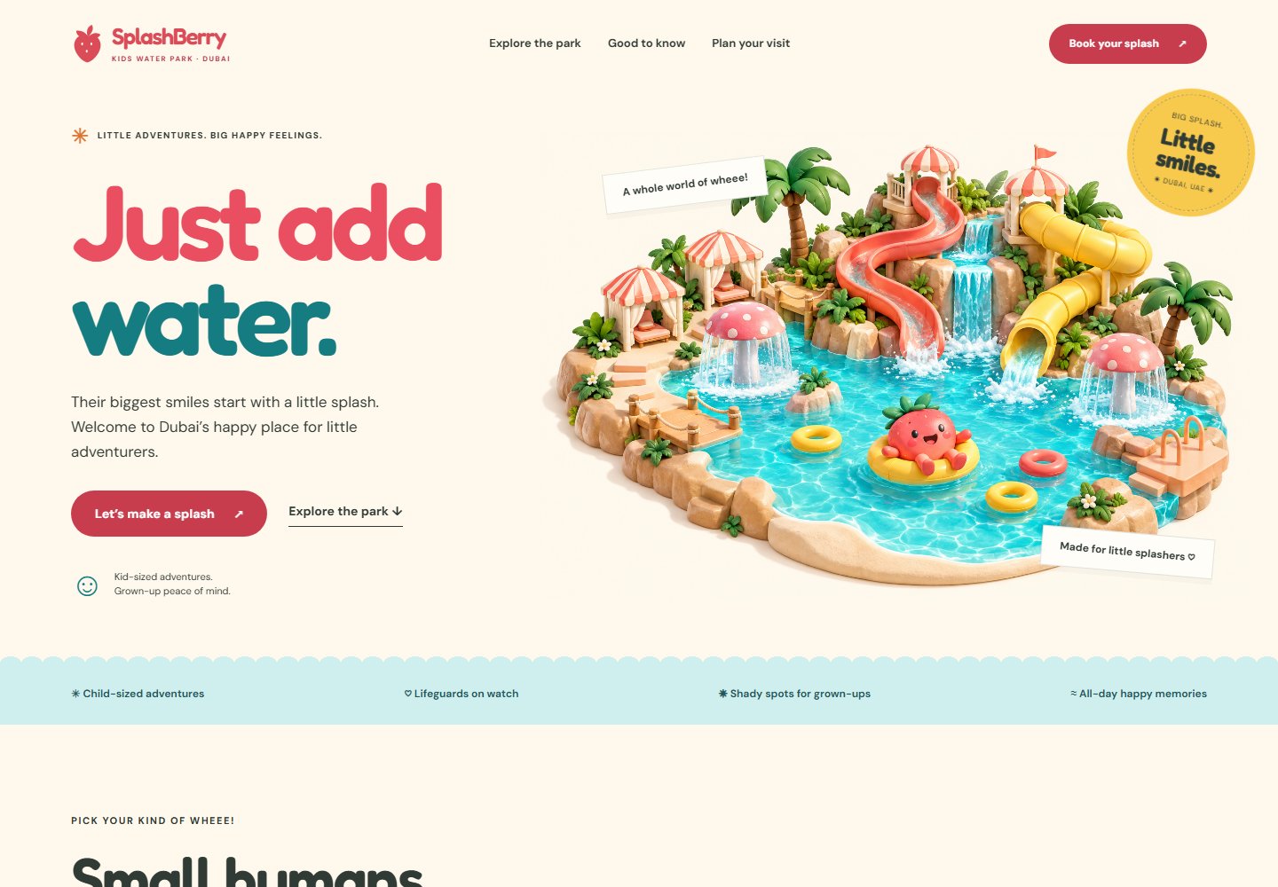 Berry Bay: a cream and coral page with a detailed 3D water park island