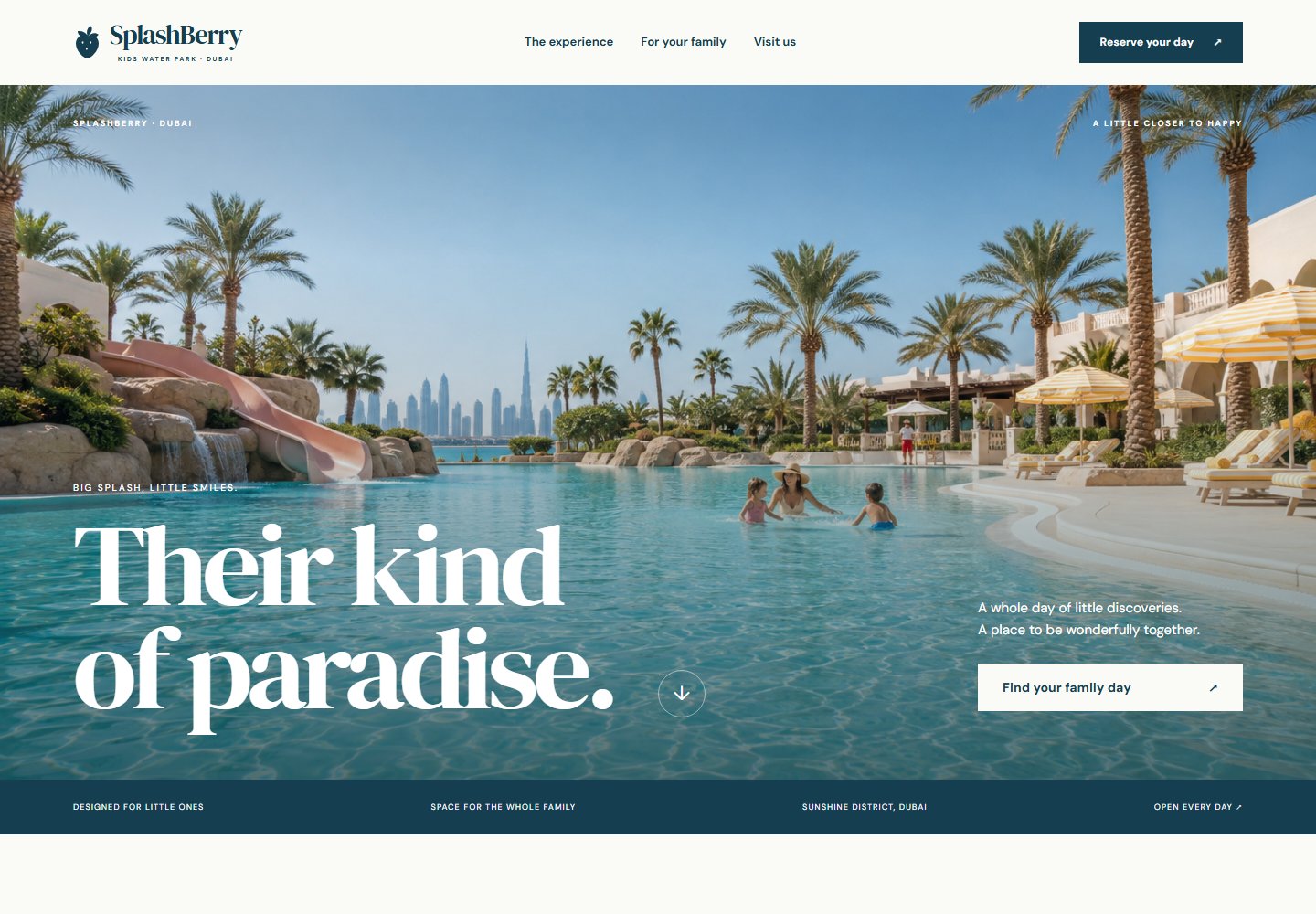 Sunday Club: editorial typography over a sunlit family resort photograph
