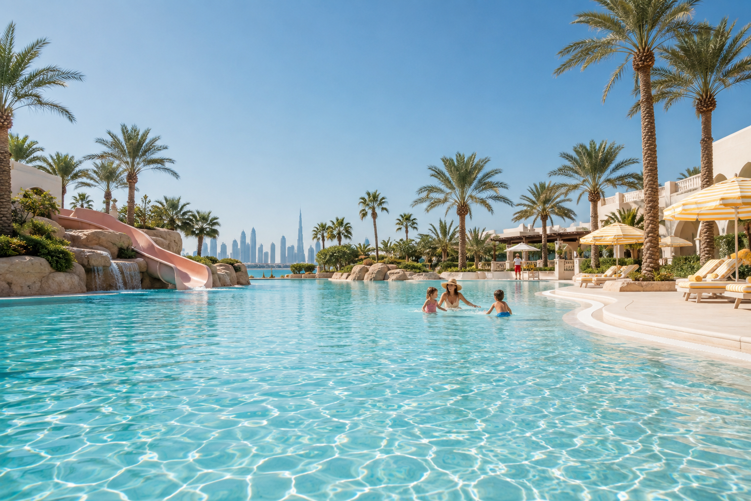 Sunlit turquoise family pool with palms, striped parasols and a gentle waterslide
