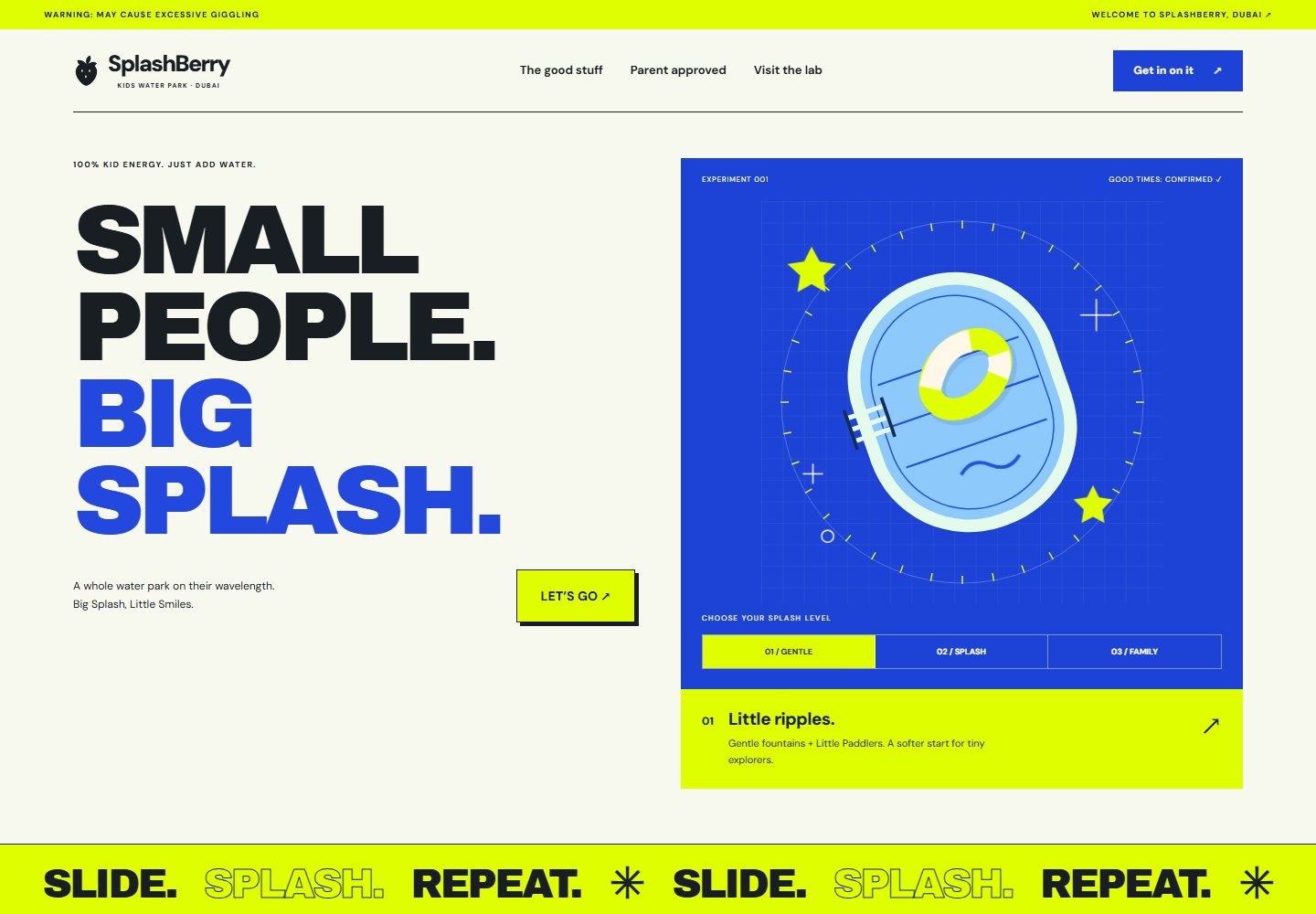 Splash Lab: electric blue and acid yellow with bold type and an interactive pool diagram