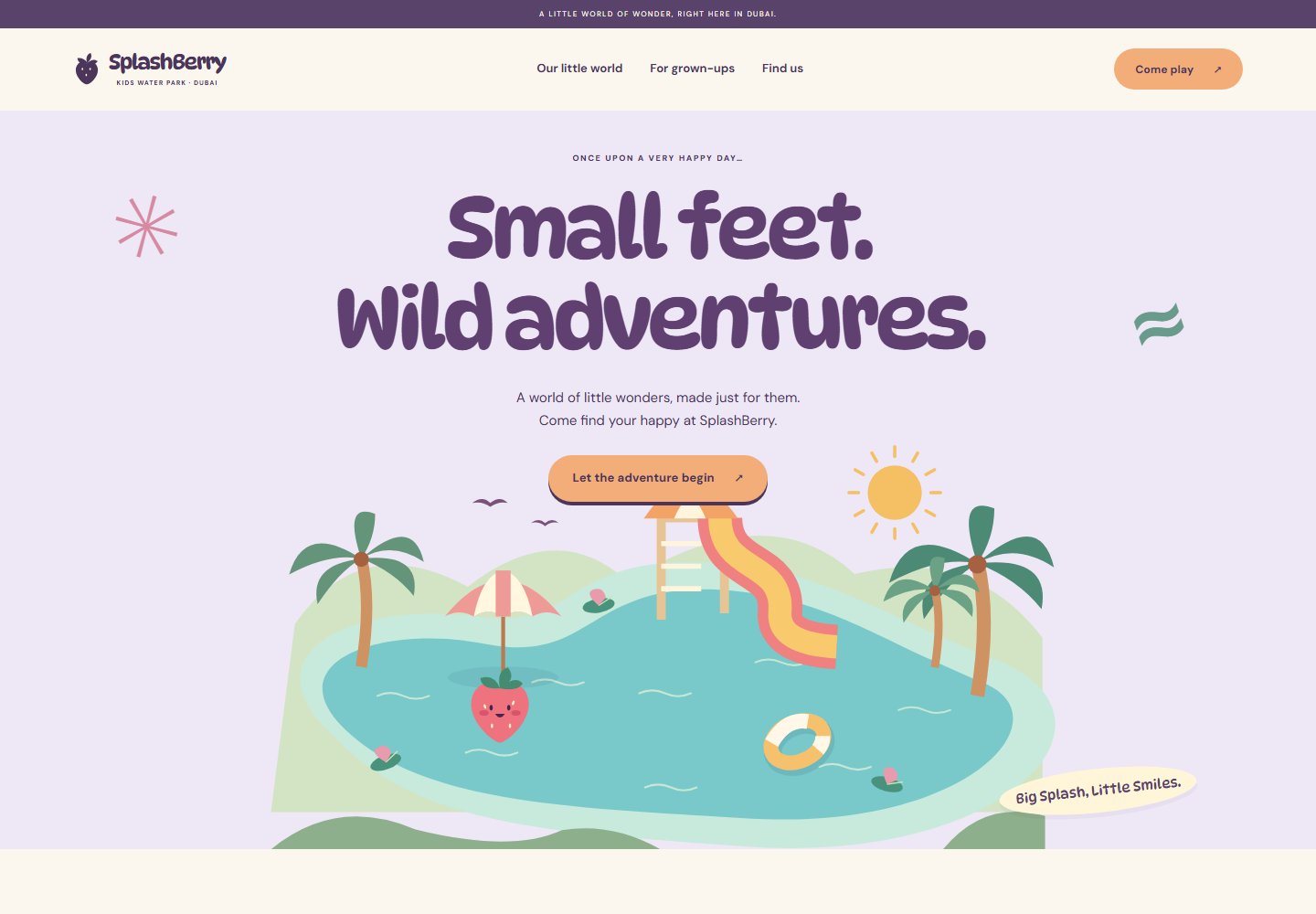 Little Lagoon: lavender storybook landscape with original illustrated palms and slides