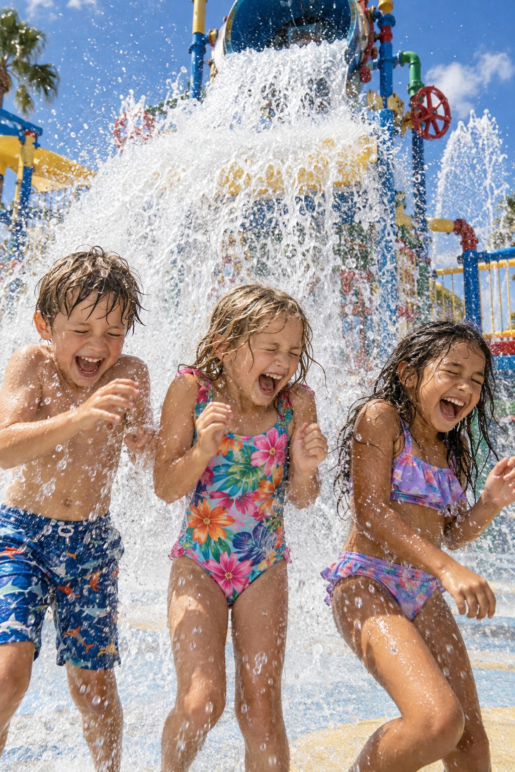 Three kids shrieking with laughter as a wall of water crashes down on them from the tipping bucket.