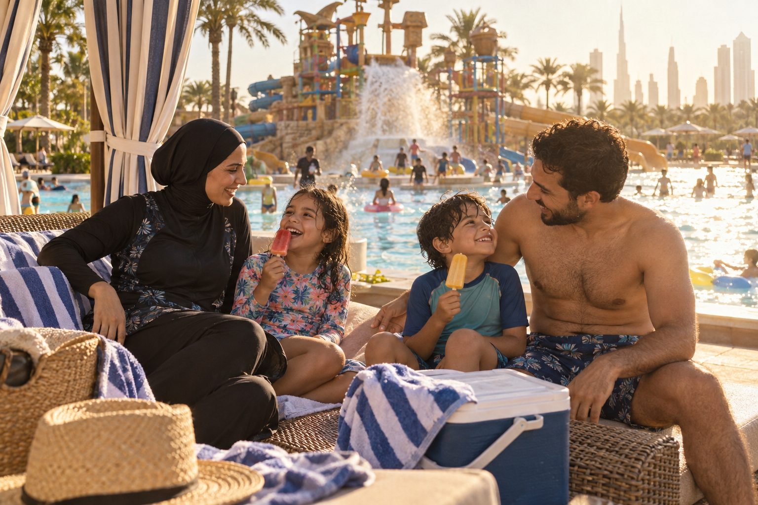 A family relaxes in a shaded cabana — mum in a black burkini, dad and two kids with ice lollies — with the pools and the Dubai skyline behind them.