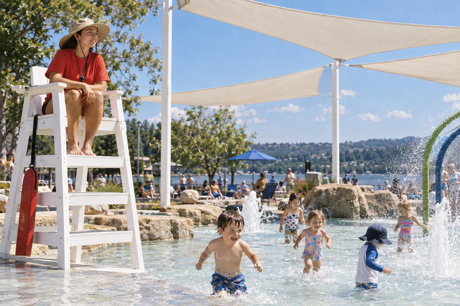 A lifeguard in a sun hat watches from a tall white chair as toddlers run through ankle-deep water under shade sails.