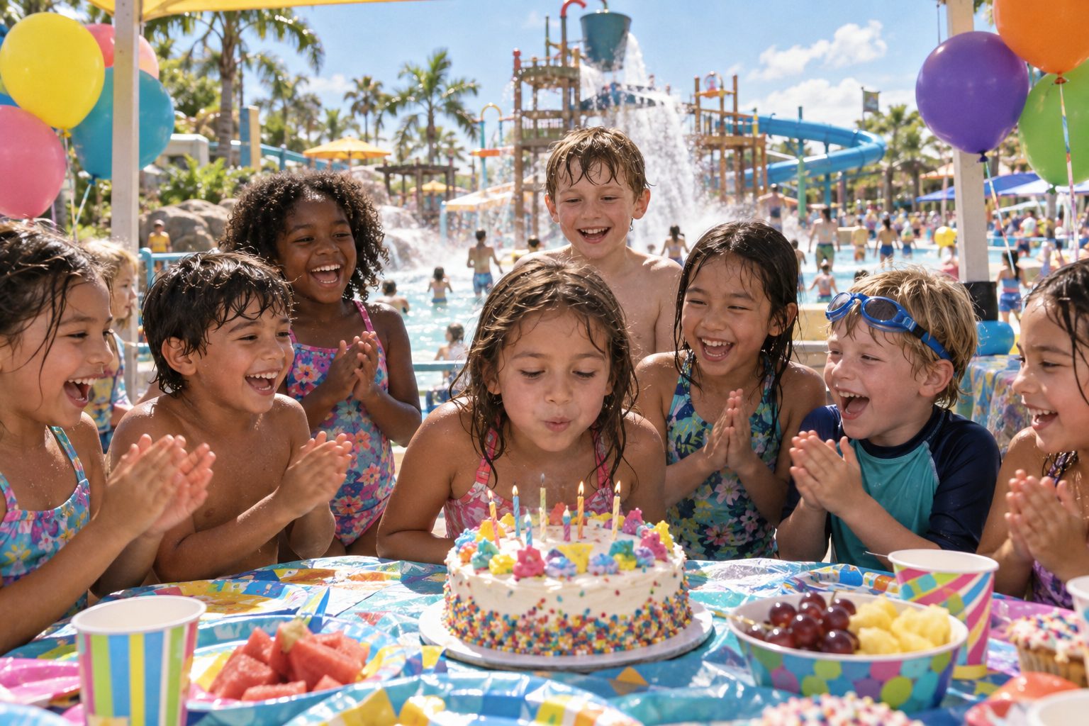 A birthday girl blows out the candles on a sprinkle cake while wet, grinning friends clap around a poolside party table.