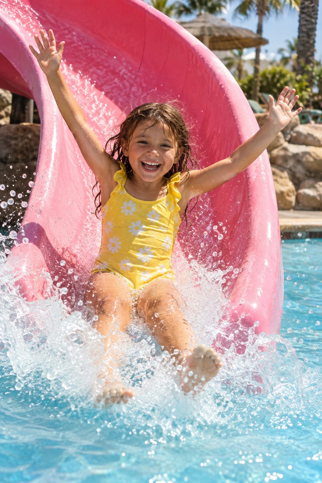 A girl in a yellow swimsuit whooshes off the end of a pink slide, arms up, grinning through the spray.