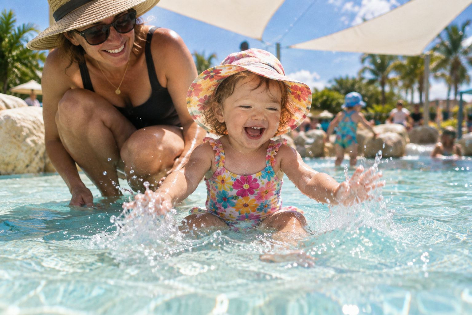 A laughing toddler in a flowery sun hat splashes in ankle-deep water while her mum crouches beside her, under white shade sails.