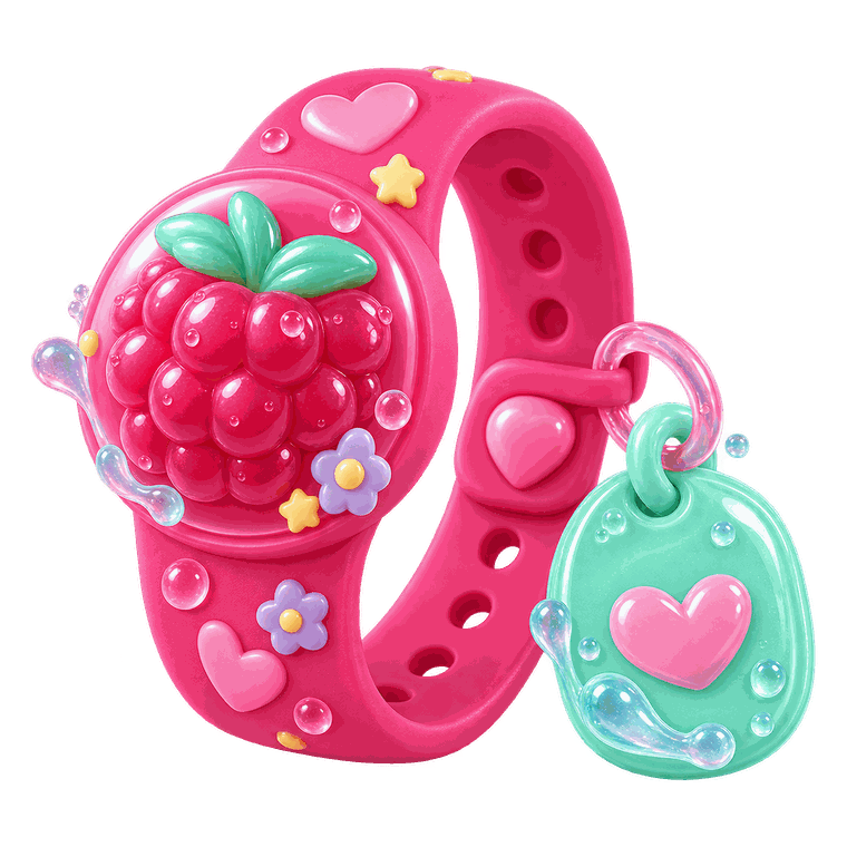 A berry-pink SafeBand wristband with a raspberry charm and a matching mint tag.