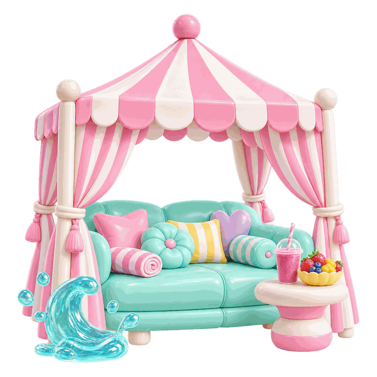 A pink and white striped cabana with a mint sofa, cushions, a smoothie and a fruit bowl.