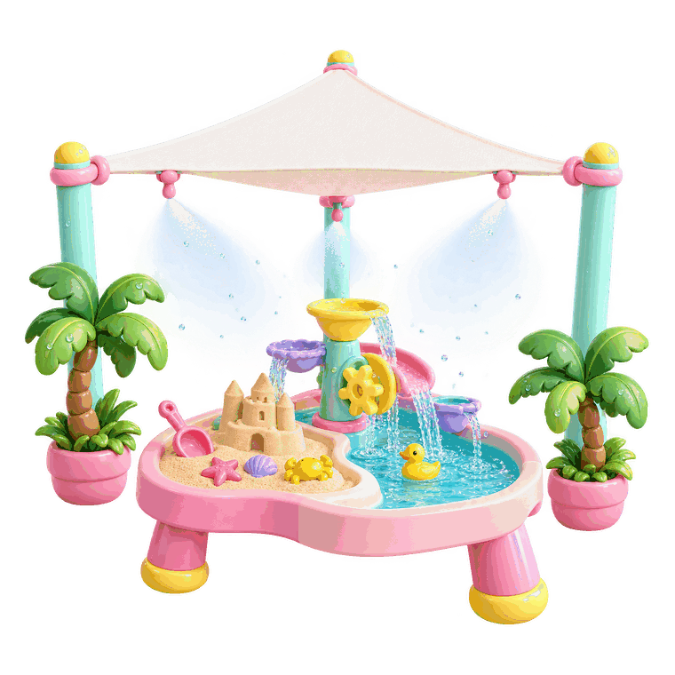 A shaded play table under a white sail with misting jets, a sand side with a castle and a water side with wheels and a duck, between two potted palms.