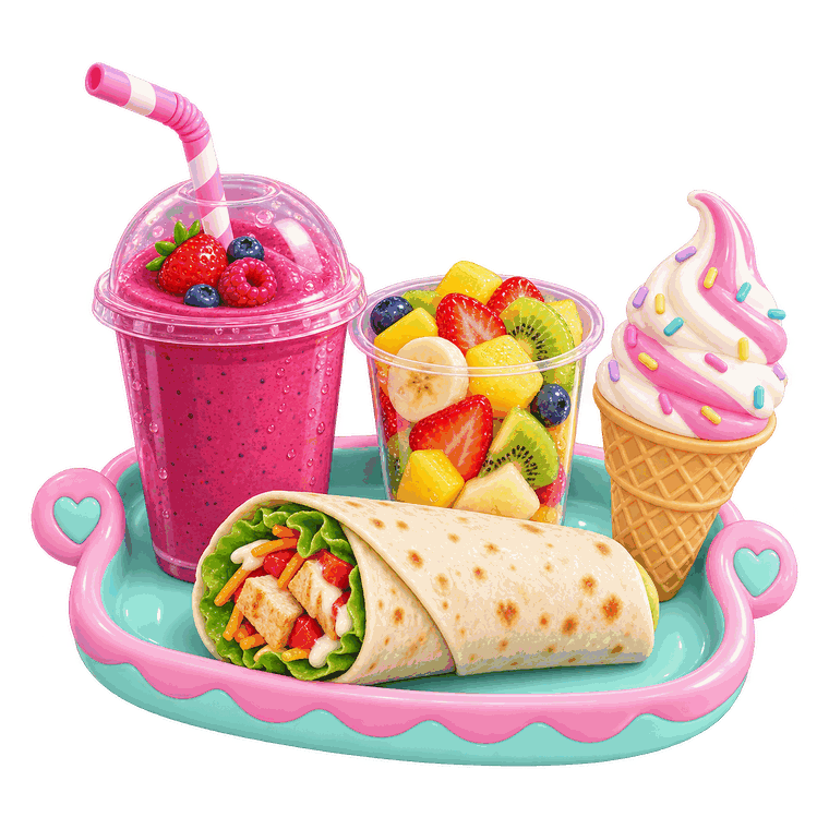 A tray with a berry smoothie, a fruit cup, a grilled wrap and a sprinkled soft-serve cone.