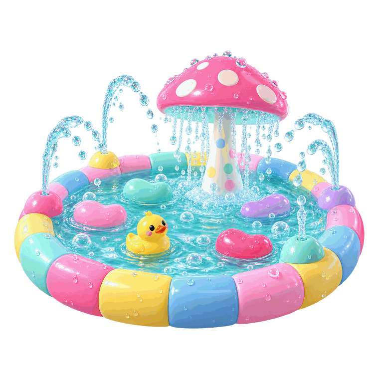 A round toddler pool with a soft pastel rim, a spotted mushroom fountain, bubbling jets, jellybean floats and a rubber duck.