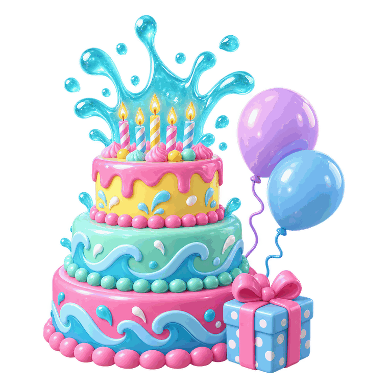 A three-tier pink, mint and lemon birthday cake with wave icing, candles, a splash of water on top, balloons and a gift box.