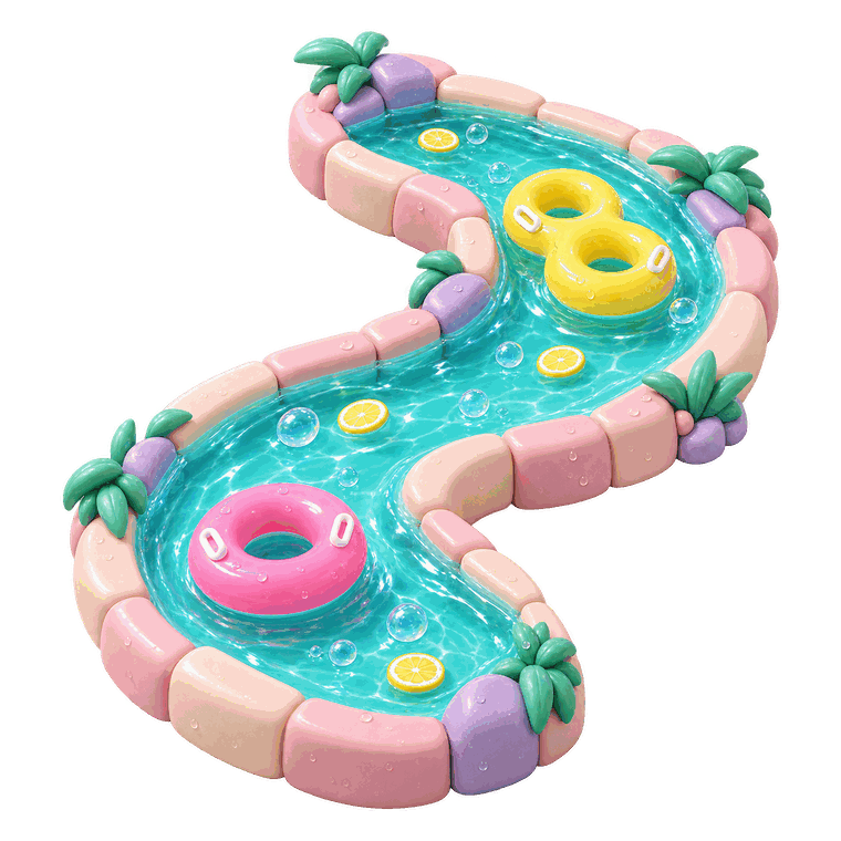 An S-shaped lazy river with a pink stone edge, floating pink and lemon tubes and lemon slices bobbing in turquoise water.