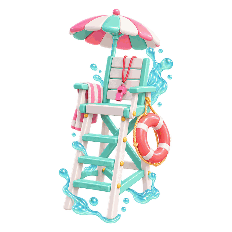 A mint and white lifeguard chair under a pink striped umbrella, with a whistle, a striped towel and a life ring.