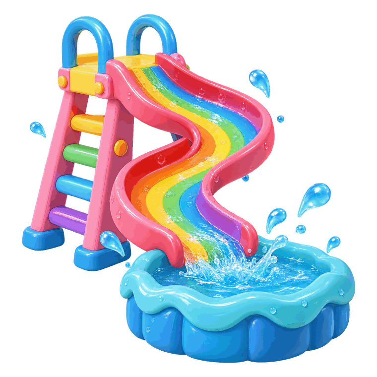 A glossy rainbow-striped mini slide with a pink ladder, splashing into a small blue pool.