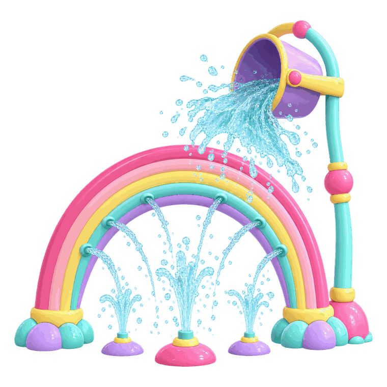 A pastel rainbow arch shooting arcs of water, with a tipping bucket pouring over it and small fountains below.