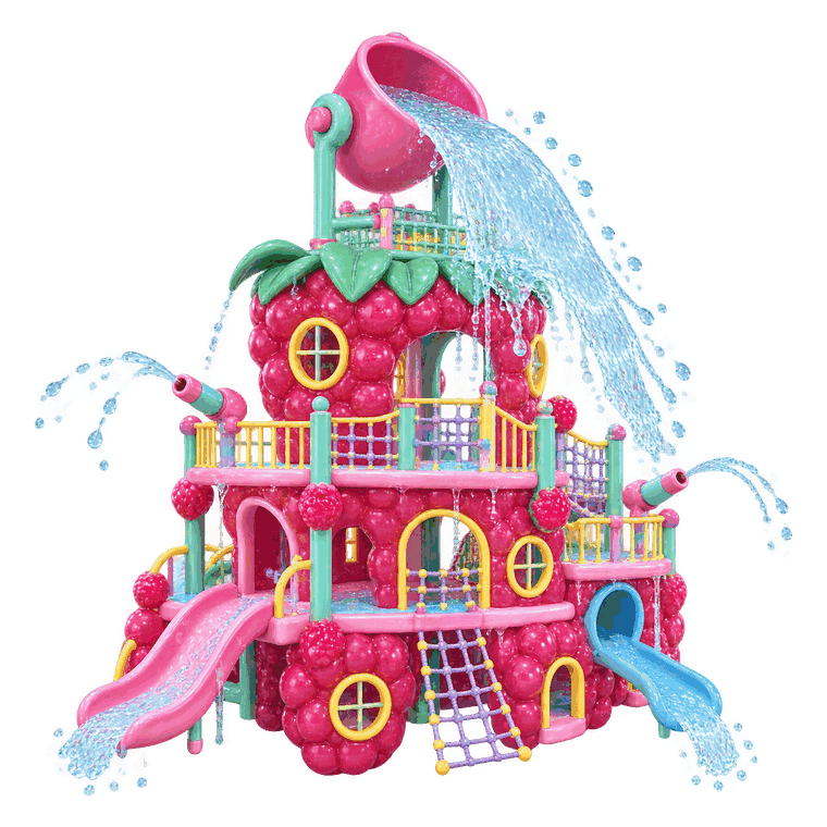 A three-level raspberry-shaped climbing tower with slides, nets and water cannons, a giant pink bucket tipping water from the top.