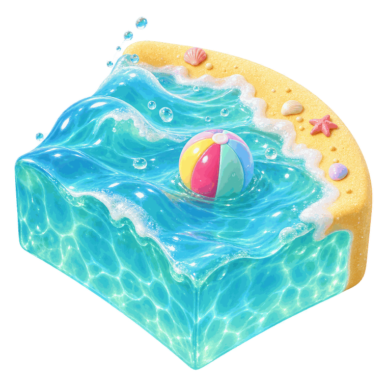 A cut-away block of clear turquoise water with gentle rolling waves, a beach ball and a sandy shore with shells.